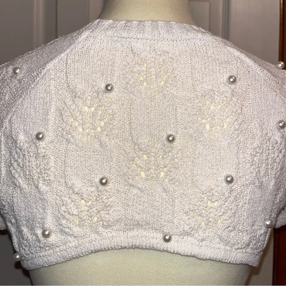 Zara Open Back Pearl Embellished Knit Crop Short Sleeve Top - Picture 7 of 11